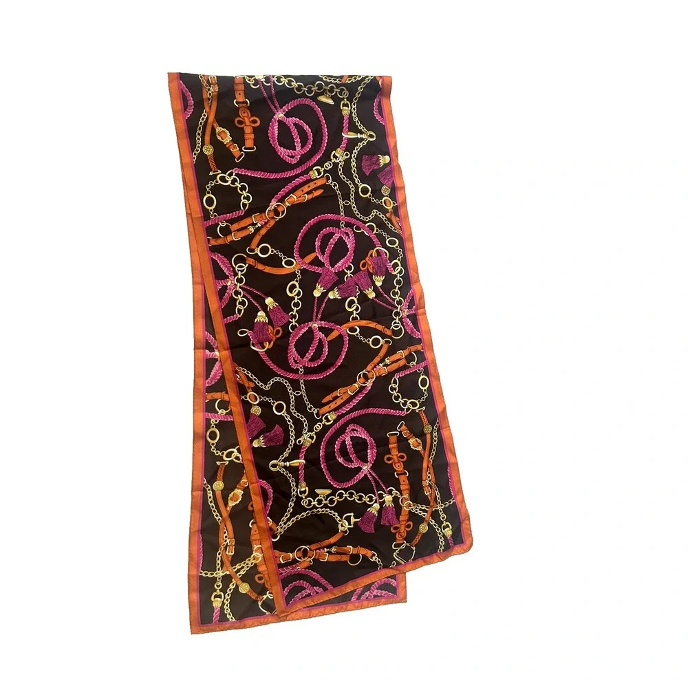 100% Silk Scarf Long Retangular Equestrian Themed Belt Chain Tassel Print